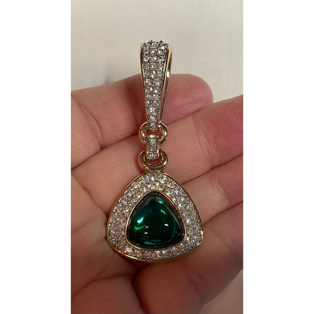 Vintage 1980's Swarovski D.S.C.O Teardrop Pendant w/ 18"chain Huge Green Crystal